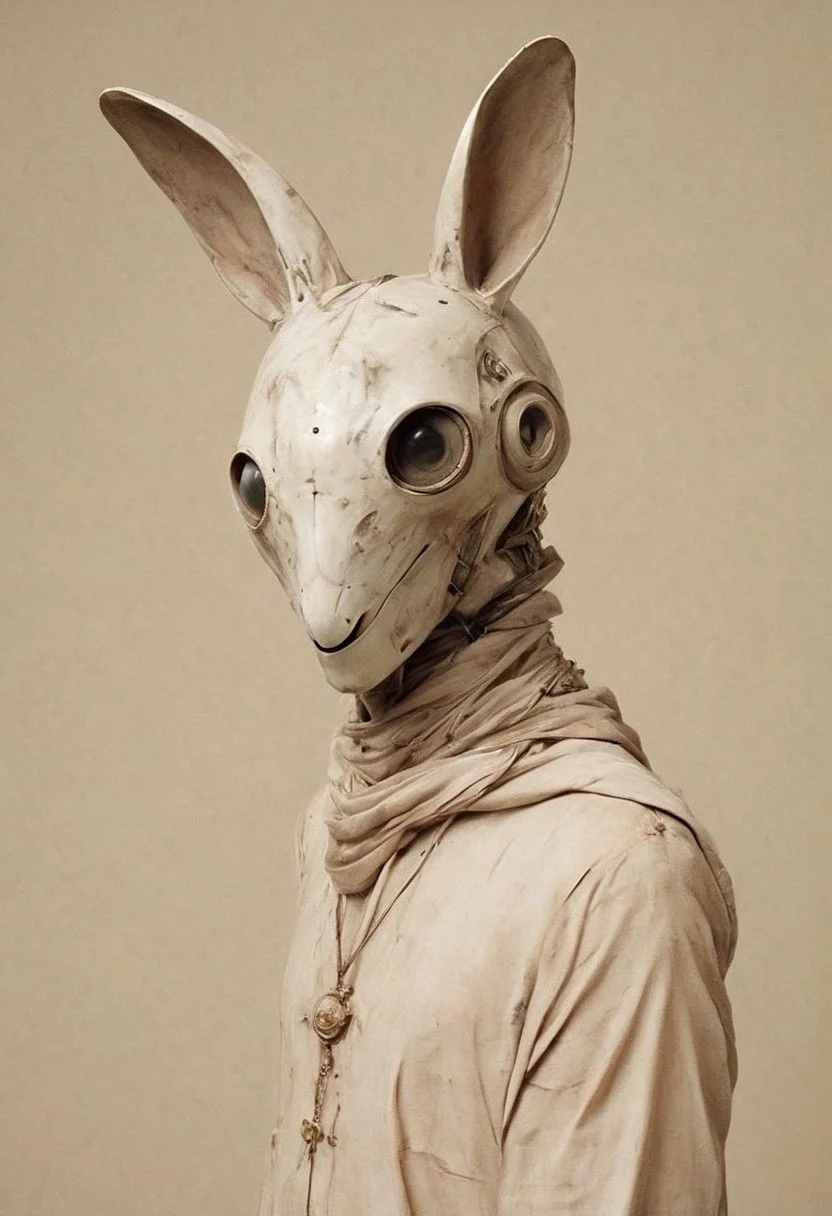Craft a captivating neon-pastel caption for a photo capturing the essence of a cyborg Bedouin sorcerer, defying expectations by conjuring a whimsical robot 'freak' from an oversized top hat. The peculiar figure emerges clad in a comically ill-fitted rabbit costume, set against a vintage, smoky backdrop.
very detailed, atmospheric haze, Film grain, cinematic film still, shallow depth of field, highly detailed, high budget, cinemascope, moody, epic, OverallDetail, gorgeous, 2000s vintage RAW photo, photorealistic, candid camera, color graded cinematic, eye catchlights, atmospheric lighting, skin pores, imperfections, natural, shallow dof