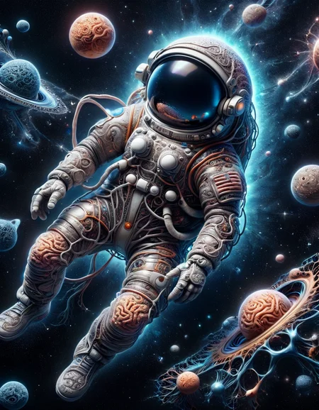 a surreal scene of a astronaut floating in space, with planets and stars also in ral-braynclz, dynamic, cinematic, masterpiece, intricate. Cyber aesthetic <lora:ral-braynclz-sdxl:1> ral-braynclz