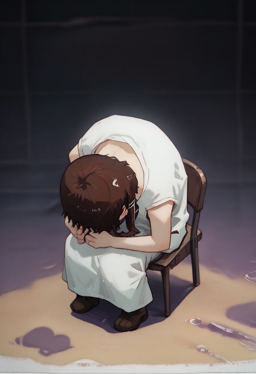 score_9, score_8_up, score_7_up, score_6, source_anime, lain, kneeling, chibi, kawaii, white camisole, sitting,folding chair, dark computer room, watercooling systems, computer screens, computer room, computers, computer cables, networl cables, lain's bedroom, low light, pitch dark, dark night, dark ambiance, puddles, wet floor, night, teddy bears background