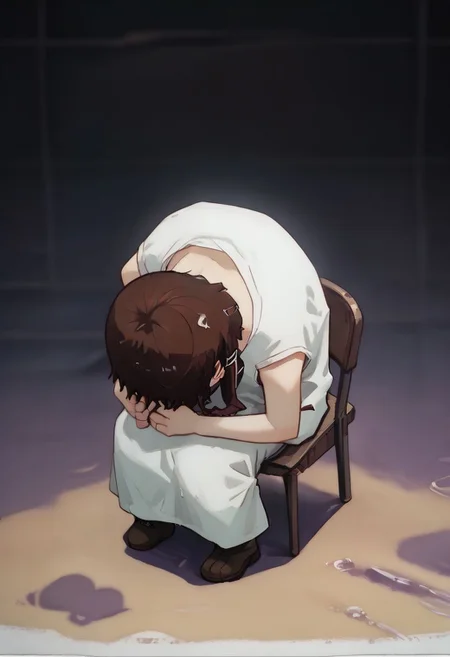 score_9, score_8_up, score_7_up, score_6, source_anime, lain, kneeling, chibi, kawaii, white camisole, sitting,folding chair, dark computer room, watercooling systems, computer screens, computer room, computers, computer cables, networl cables, lain's bedroom, low light, pitch dark, dark night, dark ambiance, puddles, wet floor, night, teddy bears background