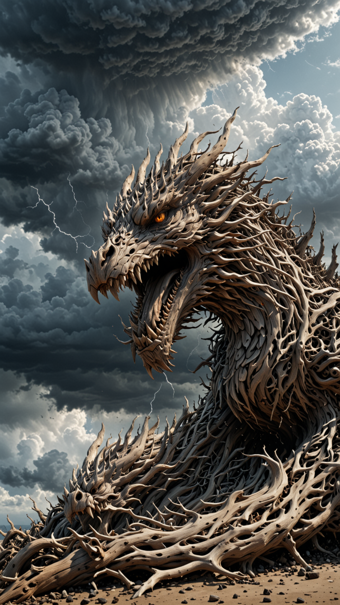 (huge Driftwood Dragon), Epic Cinematic scene, creepy, Grey smoke, storm, (large dark clouds), lightning bolts, 3d render, strong, insanely intricate details, (masterpiece), UHD, <lora:Driftwood_Detailed_Art_-_By_DICE:0.7>, driftwood, <lora:Jugg_XL_Cinematic_Beasts:0.7>, (DEVIL SPAWN clouds)