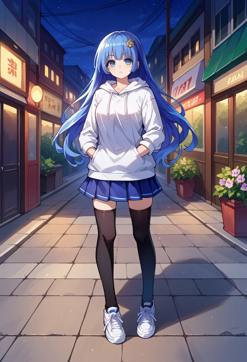 score_9, score_8_up, source_anime, 1girl, solo, IzayoiMiku, long hair, flower hairclip, white hoodie, outdoors, night, street, lamppost, hands in pockets, full body, black thighhighs, shoes, skirt, <lora:ChamMikuIzayoiPonyXL:1>