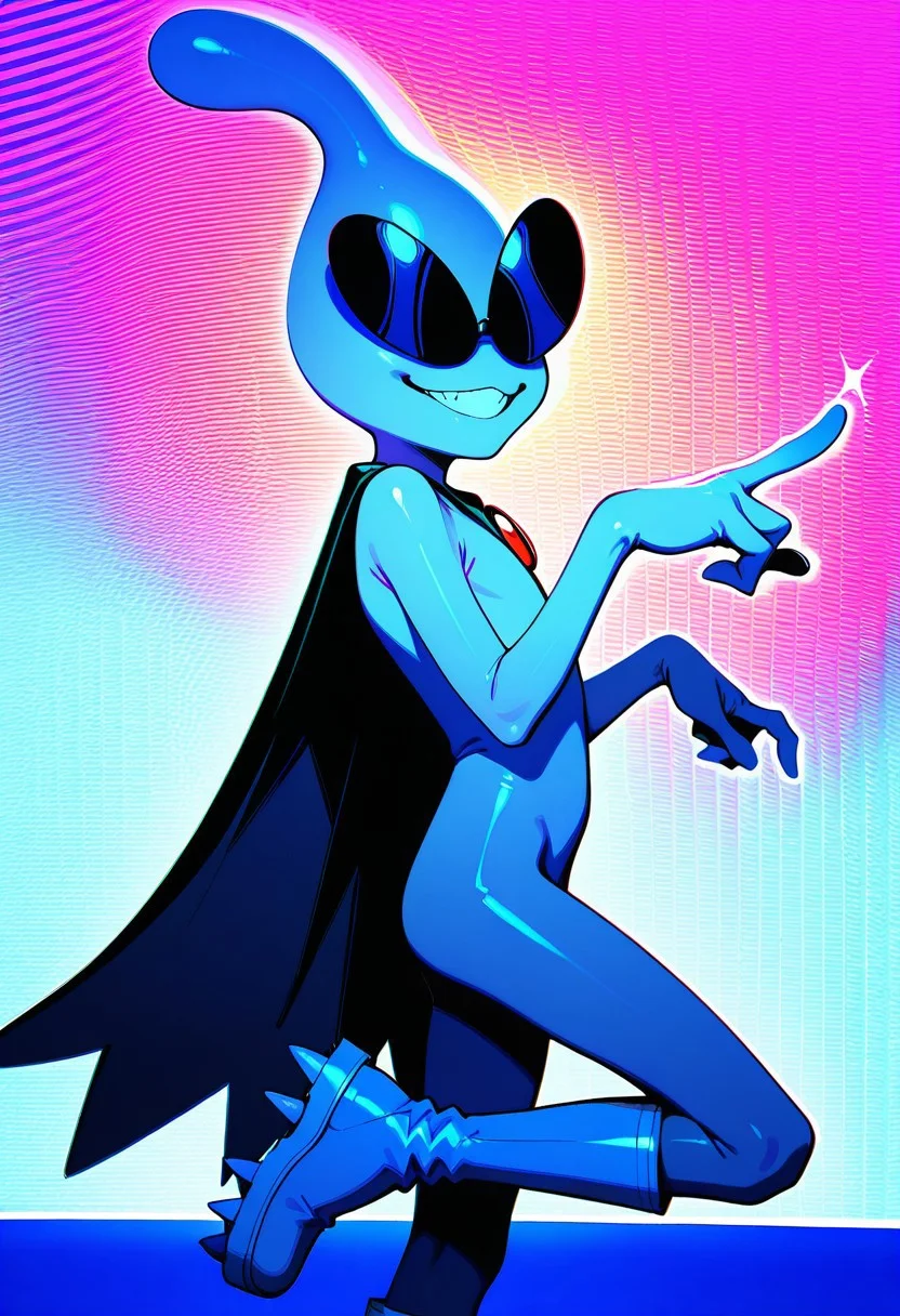 masterpiece, ultra detailed, amazing quality, absurdres, very aesthetic, solo focus, male focus, 1boy,
orbulon_WW, white skin, alien, three fingers, sunglasses, covered eyes, knee boots, white footwear, spiked footwear, standing, brooch, cape, torn cape, :3, grin, teeth, sparkle, hands up, pointing, turning head, from side, leg up, standing on one leg, cowboy shot, slim, small butt,
BREAK
detailed shading, shadow, psychedelic background, multi-colored, WaiIL25PosC, g0th1c, glowing, neon lights,