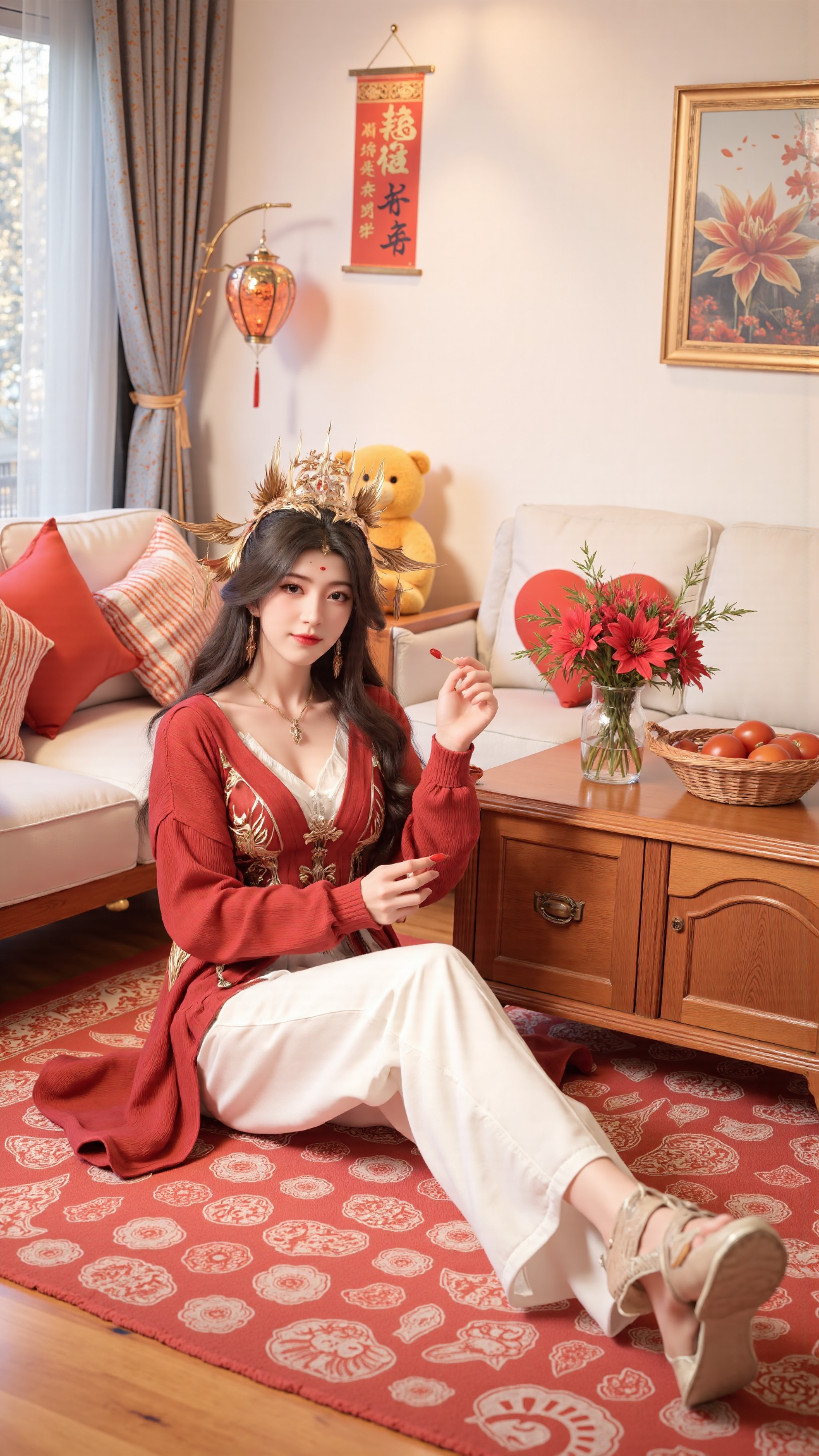 Xnangongwan,Xyaoxi,Xxiaolan,XliwuwanH,Photos of the Chinese New Year,Xningyudie,Photos of the Chinese New Year,The image shows a young woman sitting on a red and white checkered floor in a living room. She is wearing a red cardigan over a white top and white pants. She has long dark hair and is smiling as she holds a red lollipop in her hand. On the right side of the image,there is a wooden coffee table with a vase of red flowers and a basket of tomatoes. Behind the woman,there are two red heart-shaped pillows and a yellow stuffed animal. The room has a large window with white curtains and a painting hanging on the wall.,(huge breasts:2.99),(full breasts:2.99),Chinese traditional Spring Festival theme background,lanterns,New Year couplets,window decorations,Fireworks Show,