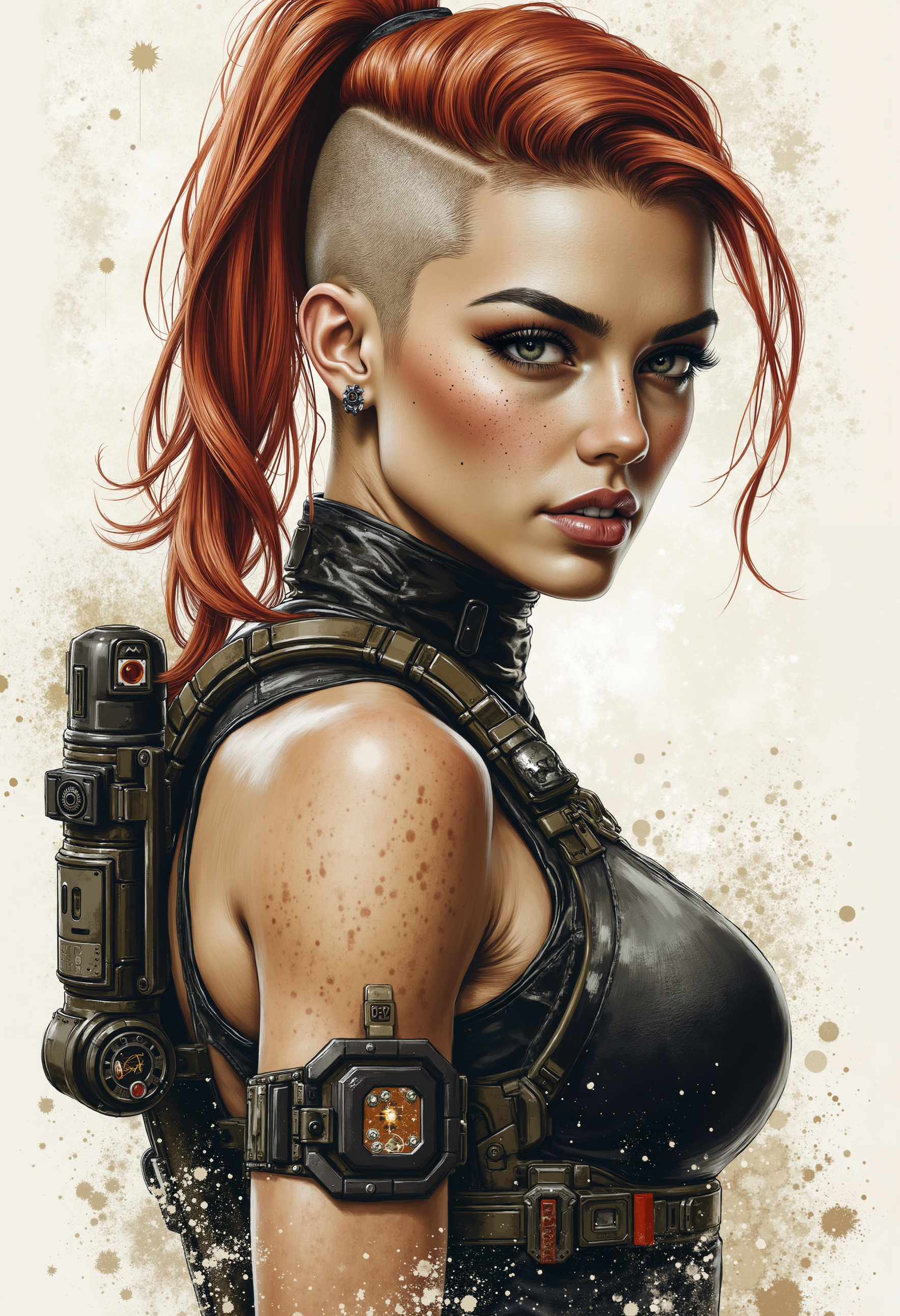 pst010, realistic masculine woman, copper red hair, shaved sides and back, cyberpunk, sci fi gear, strong jaw grey eyes,