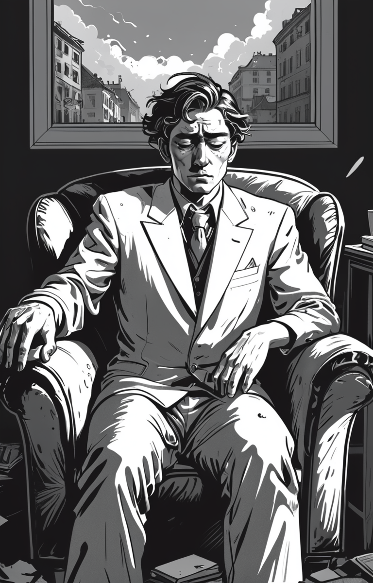 masterpiece,best quality,<lora:tbh373-sdxl:0.6>,illustration,style of exhausted people ,greyscale and white,comic portrait of noble man