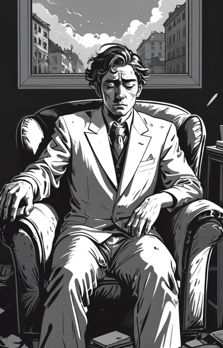 masterpiece,best quality,<lora:tbh373-sdxl:0.6>,illustration,style of exhausted people ,greyscale and white,comic portrait of noble man
