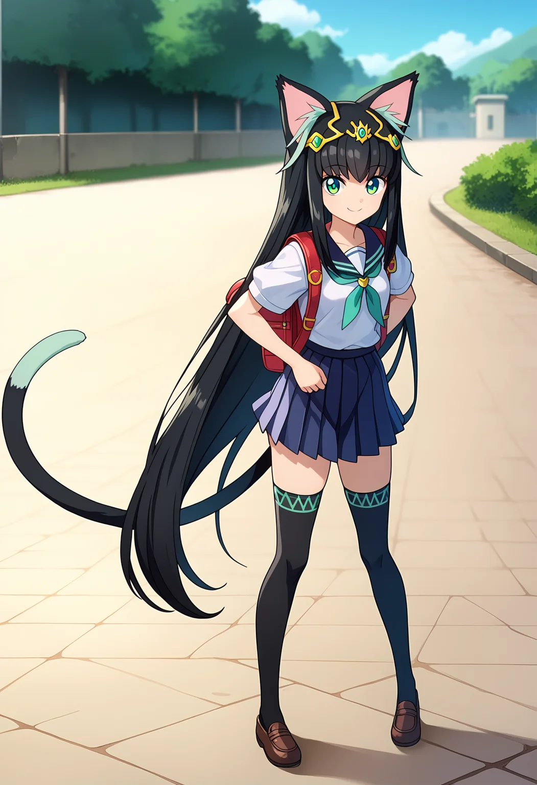 score_9, score_8_up, score_7_up,source_anime,
BREAK
1girl, solo, full body, aged down,
<lora:shiTamaV1:1>, smol, tamayng, long hair, black hair, multicolored hair, tiara, very long hair,
green eyes, cat tail, cat ears, animal ears,
school uniform, pleated skirt, backpack, white shirt, handkerchief, thighhighs,
looking at viewer, smile, outdoors, school, street, stone floor,