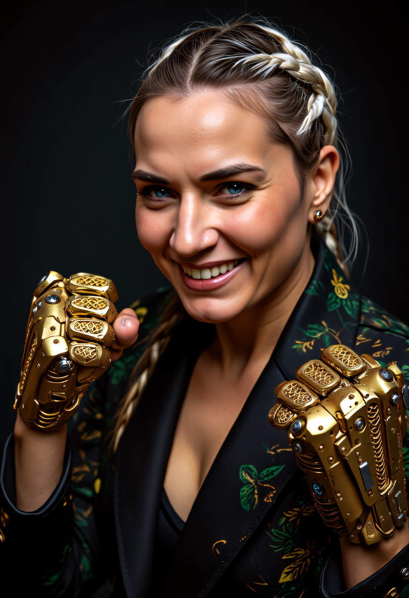 close-up portrait,  real estate agent, middle-aged well-proportioned, native Hawaiian, blue eyes, chiseled jaw, oblong face shape, silver box braids hair, laughing, character assumes a martial arts stance, prepared for combat, wearing island Hawaiian cyberpunk print with dark leggings, digital holo-metallic blazer, mechanical_arms made of Gold-plated bionic enhancements with intricate filigree patterns, opulent appearance, regal gold color, a person with a crude bionic eye, gritty urban cyberpunk environment, intense expression, confident demeanor, blending traditional Hawaiian culture with futuristic technology   <lora:BionicProsthetic_Eye_-_Warhammer_40000_Flux.safetensors:1.0>, <lora:flux/fantasy_portrait_by_cosmic.safetensors:1.0>,  <lora:Sinfully_Stylish_1.0_Flux.safetensors:1.0>, sinfully stylish,