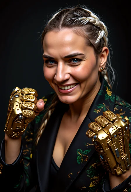 close-up portrait, real estate agent, middle-aged well-proportioned, native Hawaiian, blue eyes, chiseled jaw, oblong face shape, silver box braids hair, laughing, character assumes a martial arts stance, prepared for combat, wearing island Hawaiian cyberpunk print with dark leggings, digital holo-metallic blazer, mechanical_arms made of Gold-plated bionic enhancements with intricate filigree patterns, opulent appearance, regal gold color, a person with a crude bionic eye, gritty urban cyberpunk environment, intense expression, confident demeanor, blending traditional Hawaiian culture with futuristic technology <lora:BionicProsthetic_Eye_-_Warhammer_40000_Flux.safetensors:1.0>, <lora:flux/fantasy_portrait_by_cosmic.safetensors:1.0>, <lora:Sinfully_Stylish_1.0_Flux.safetensors:1.0>, sinfully stylish,