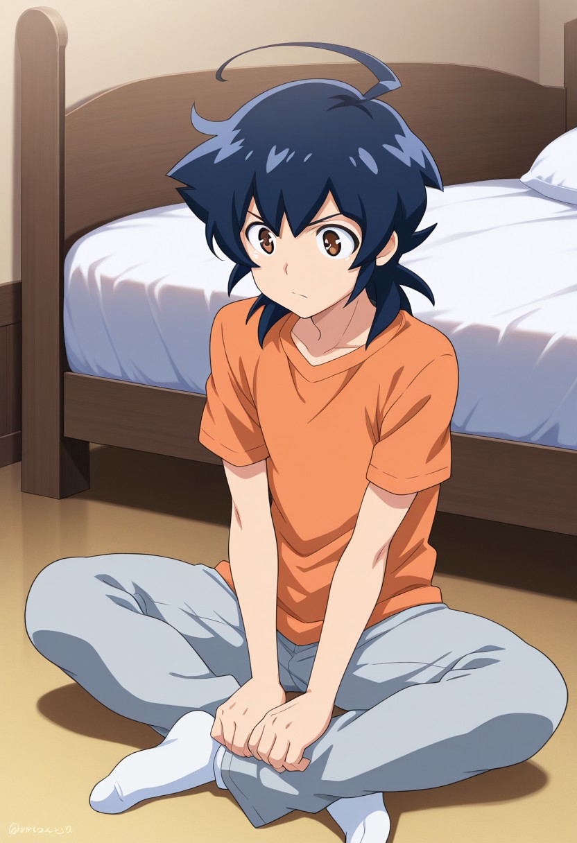 masterpiece,best quality,amazing quality, source_anime,
hirozora, 1boy, male focus, solo, brown eyes, blue hair, medium hair, ahoge, shirt, orange shirt, short sleeves, pants, grey pants, white socks,
indoor, room, sitting, on floor, pillow, indian style,