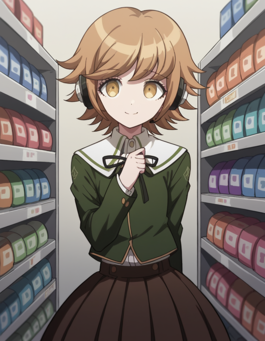 score_9, score_8_up, score_7_up, source_anime, <lora:chihiro-fujisaki-s1-ponyxl-lora-nochekaiser:1>, chihiro fujisaki, short hair, bangs, brown hair, brown eyes, male focus, otoko no ko,, skirt, shirt, long sleeves, ribbon, school uniform, jacket, pleated skirt, black ribbon, neck ribbon, brown skirt, green jacket,, music store, browsing records, headphones, vinyl collection, nostalgic, smile, , hand palm facing up, solo,, cowboy shot, dutch angle