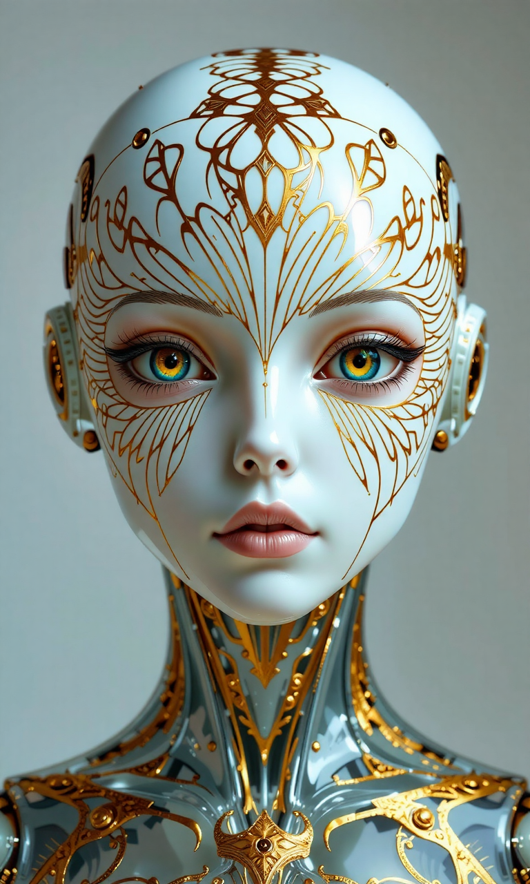 A female robot with porcelain white skin, with intricate golden radial markings forming beautiful organic shapes on his face when viewed from the front. Transparent glass body with beautiful details and delicate skin. Symmetry, fascinating eyes and volumetric lighting create a striking portrait.<lora:flux1-D\flux.1_lora_flyway_Epic-Characters_v1.safetensors:0.7000000000000001:1.0> <lora:flux1-D\flux_realism_lora.safetensors:0.4:1.0>