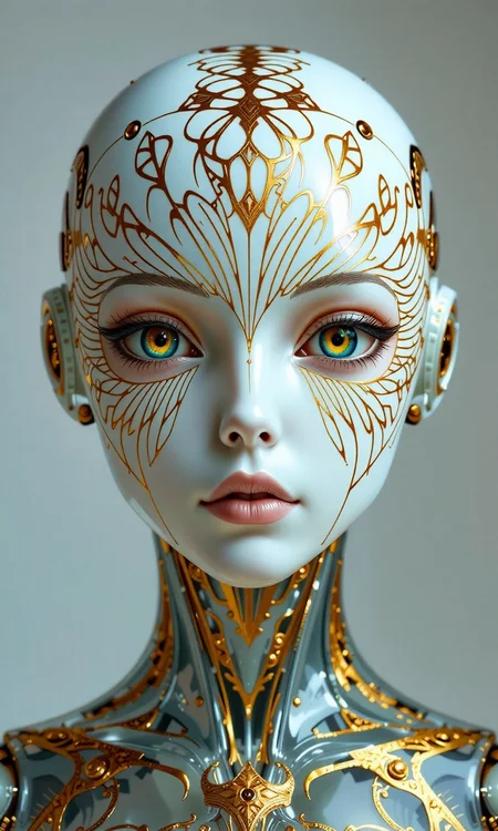 A female robot with porcelain white skin, with intricate golden radial markings forming beautiful organic shapes on his face when viewed from the front. Transparent glass body with beautiful details and delicate skin. Symmetry, fascinating eyes and volumetric lighting create a striking portrait.<lora:flux1-D\flux.1_lora_flyway_Epic-Characters_v1.safetensors:0.7000000000000001:1.0> <lora:flux1-D\flux_realism_lora.safetensors:0.4:1.0>