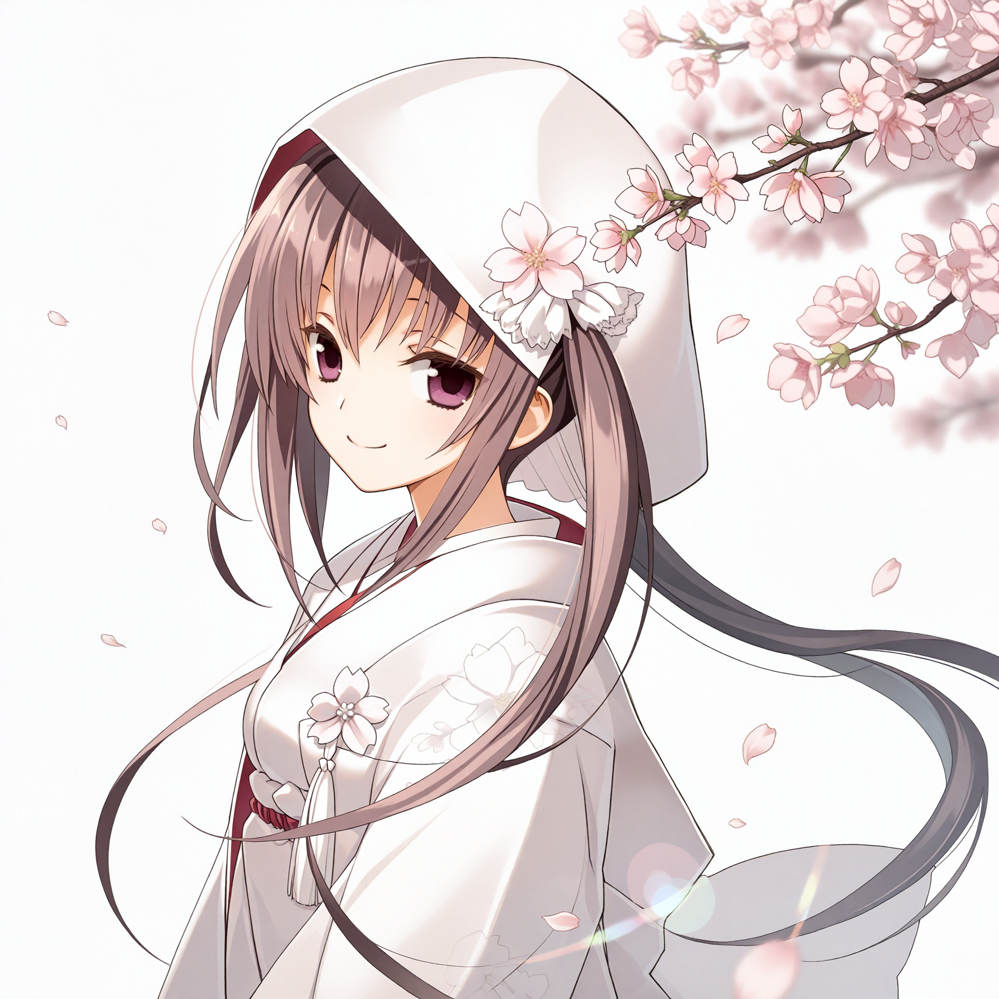 <lora:Sakura_no_Toki_art_n16c16_nai_Loha:1.4>,Sakura no Toki art,
<lora:Tokugawa_Tone_1_nai:1>,Tokugawa Tone,twintails,very long hair,uchikake,
1girl,solo,from_side,looking at viewer,depth of field,lens_flare,smile,simple background,cherry blossoms,falling petals,wind,