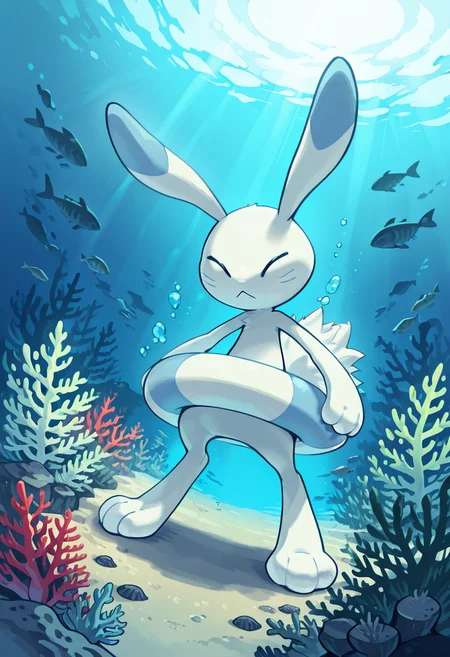 masterpiece, best quality, no humans, zzWarabbit, underwater scene, kelp forest, glowing light rays, serene pose, floating debris, calm atmosphere, soft shadows â Beneath the surface, zzWarabbit glides silently through swaying kelp, light shafts breaking through above like divine beams. Tiny air bubbles spiral upward around it as it passes a school of darting fish, the entire underwater world pulsing with gentle, dreamlike stillness. <lora:WarabbitPokedex_IXL:1.0>,