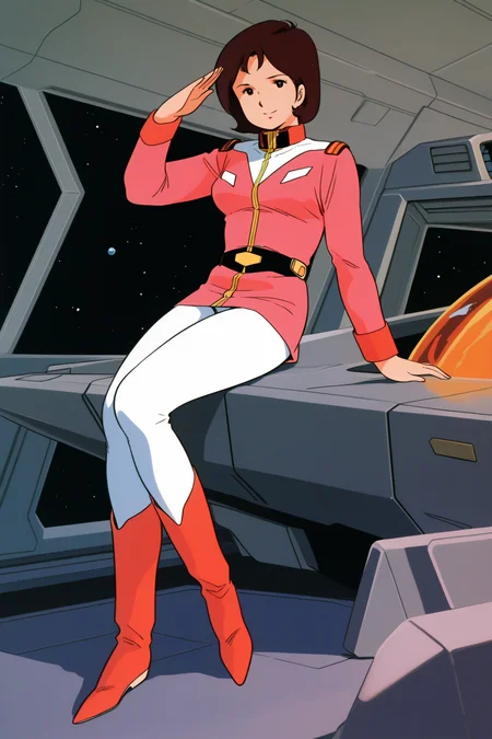 masterpiece, best quality, amazing quality, absurdres, miraiyashima79, brown hair, solo, salute, smile, looking at viewer, pink military uniform, white pants, red boots, large breasts, indoors, spacecraft, science fiction, retro artstyle