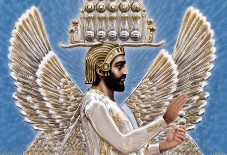 1boy, wings, chandelier, paint, eye catching image of Cyrus the great,