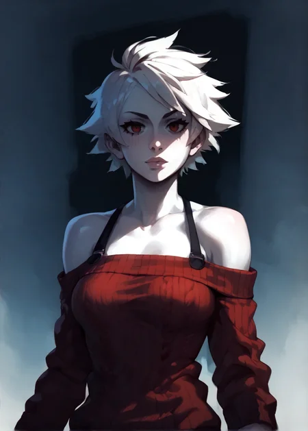white skins, spiky red short tomboy hair, neutral expression, tight sweater, <lora:NAHIRI:1> nahiri, 1girl, solo, short hair, breasts, bare shoulders, white hair, colored skin, <lora:RD-MAnon-XLV1.1:1> female,, source_anime, score_9_up, score_7_up, score_8_up