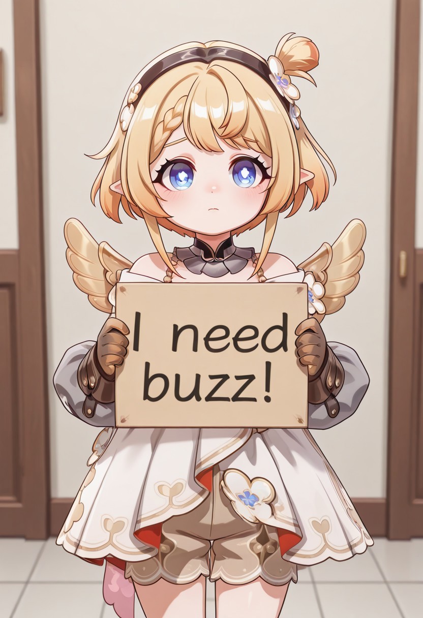 need_buzz, holding sign, Tribbie