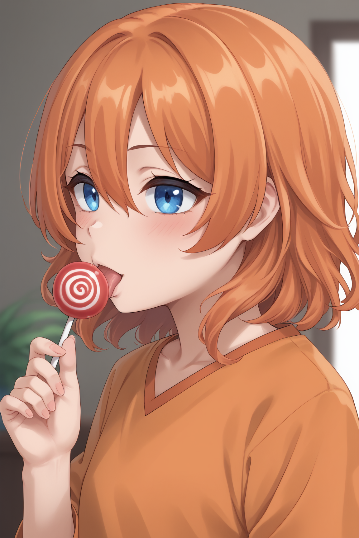 zPDXLpg, 1girl, solo, half-closed eyes, blush, tongue out, licking lollipop using tongue, seductive, upper body, focus face, young, from side,
 <lora:muimi-sonoue-ponyxl-lora-nochekaiser:1> muimi sonoue, blue eyes, hair between eyes, medium hair, orange hair,, <lora:hand 4:1> Hand, five fingers,,