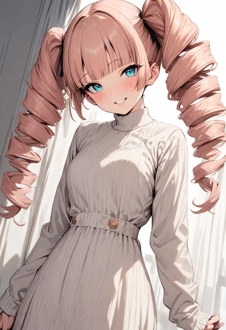 masterpiece, best quality, 1girl, solo, twin drills, twintails, blunt bangs, soft peach hair, aqua eyes, smile, long sleeves, white dress,