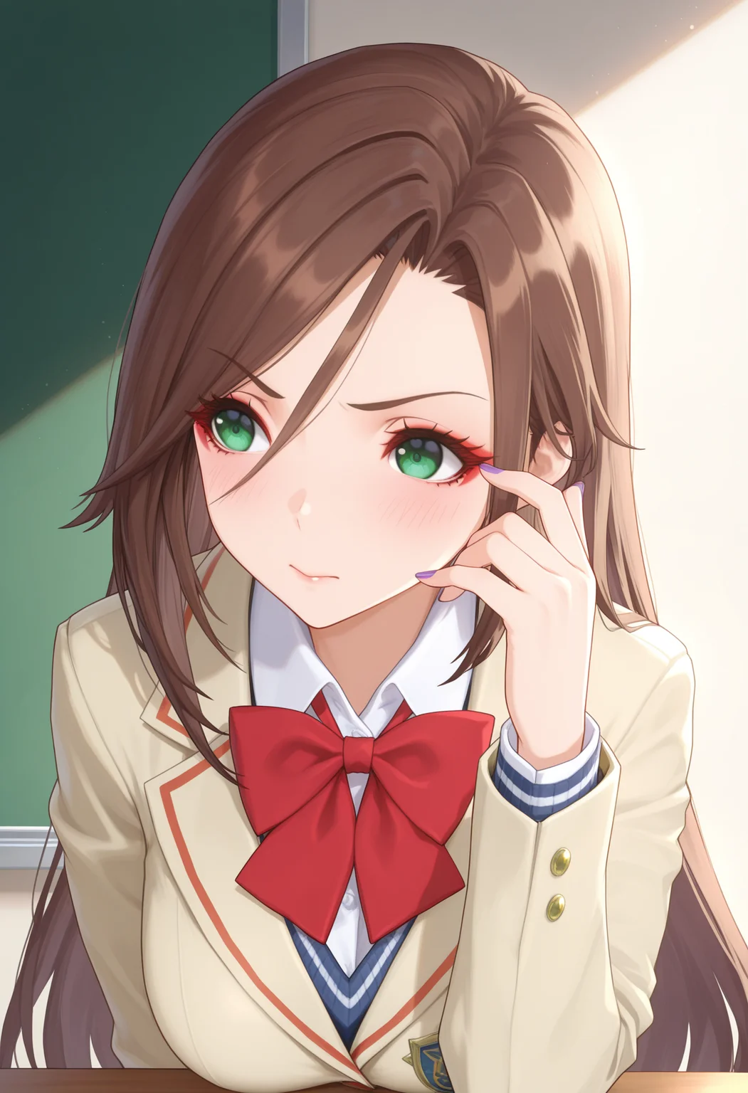 masterpiece, best quality, good quality, 1girl, solo, school uniform, alexandria, green eyes, eyeliner, long hair, no headwear, purple nails<lora:alexandria illustrious 111:1>