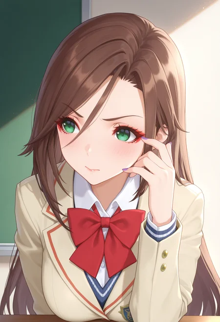 masterpiece, best quality, good quality, 1girl, solo, school uniform, alexandria, green eyes, eyeliner, long hair, no headwear, purple nails<lora:alexandria illustrious 111:1>