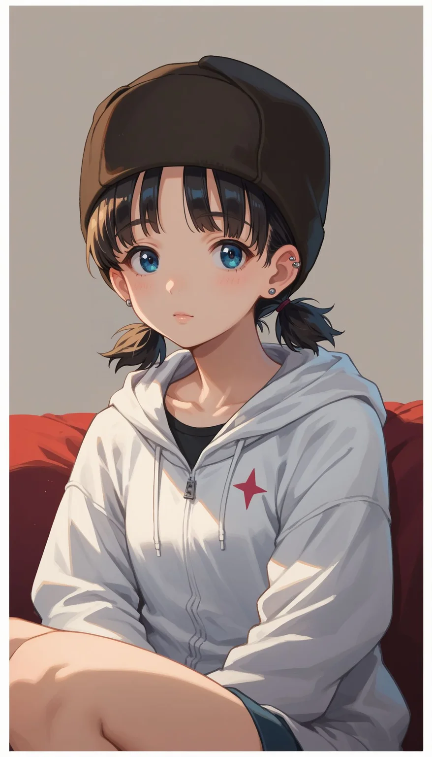 score_9, score_8_up, score_7_up, source_anime,
<lora:OUTPUT NAME:1> gupnina, 1girl, short hair, blue eyes, black hair, short twintails,low twintails animal hood, bangs, beanie, blonde hair, blue eyes, border, ear piercing, earrings, eyebrows visible through hair, hat, hood, hood down, hooded jacket, hoodie, jacket, jewelry, looking at viewer, piercing, short hair, sitting, solo, stud earrings, white hoodie