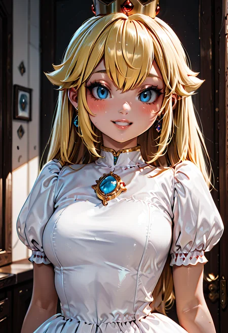 masterpiece, best quality, 1girl, solo, eyelashes, (beautiful eyes), 1girl, solo, long hair, breasts, looking at viewer, blush, smile, bangs, blue eyes, blonde hair, dress, jewelry, medium breasts, upper body, short sleeves, earrings, parted lips, teeth, puffy sleeves, indoors, white dress, puffy short sleeves, lips, blurry background, crown, brooch, gem, princess peach , <lora:BeautifulCAT_IXL_v2:1.0>,