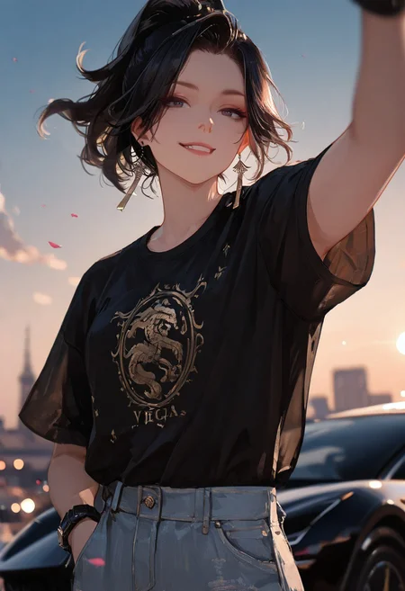 masterpiece, best quality, good quality, very aesthetic, absurdres,
newest, 8K, depth of field, focused subject,visual storytelling,dynamic composition,
close up, stylized, scenery, bokeh,blurred background,
Black Myth Wukong, male sun wukong,
chinese mythology,( dynamic pose:1.3), smirking face,
upper body focus,
casual clothes, wearing luxurious jeans and luxurious black t-shirt with gothic design, expensive black watch
windblown hair,
dramatic sky, celestial clouds, floating mountains, mythic scale, sakura petals, mystic mist,
cinematic composition, backlighting, volumetric light, vegas city scene, symbolic environment, god-tier illustration,(sketch:1.3), taking a selfie in front of a lamborghini aventador with spoiler and body kit (car is black, chrome carbon fiber details), night scene under the moon