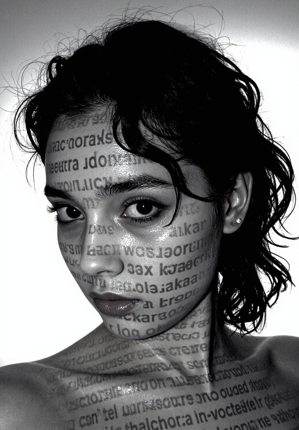d1g1cam, Young woman, intense direct gaze, wet-look messy black hair, tousled curls framing face, eye makeup, defined brows, natural lip color, bare shoulders visible, newspaper text projection overlaid on skin, text appears printed across face neck shoulders, editorial beauty portrait, closeup facial composition, partial side angle pose, artistic typographic body art effect, indoor studio setting, plain light backdrop, black white monochromatic processing, dramatic contrast lighting, soft shadow details