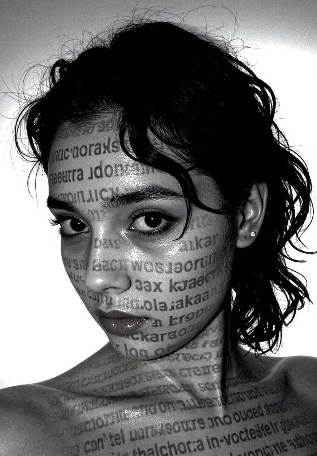 d1g1cam, Young woman, intense direct gaze, wet-look messy black hair, tousled curls framing face, eye makeup, defined brows, natural lip color, bare shoulders visible, newspaper text projection overlaid on skin, text appears printed across face neck shoulders, editorial beauty portrait, closeup facial composition, partial side angle pose, artistic typographic body art effect, indoor studio setting, plain light backdrop, black white monochromatic processing, dramatic contrast lighting, soft shadow details