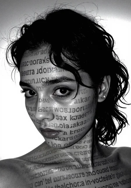 d1g1cam, Young woman, intense direct gaze, wet-look messy black hair, tousled curls framing face, eye makeup, defined brows, natural lip color, bare shoulders visible, newspaper text projection overlaid on skin, text appears printed across face neck shoulders, editorial beauty portrait, closeup facial composition, partial side angle pose, artistic typographic body art effect, indoor studio setting, plain light backdrop, black white monochromatic processing, dramatic contrast lighting, soft shadow details