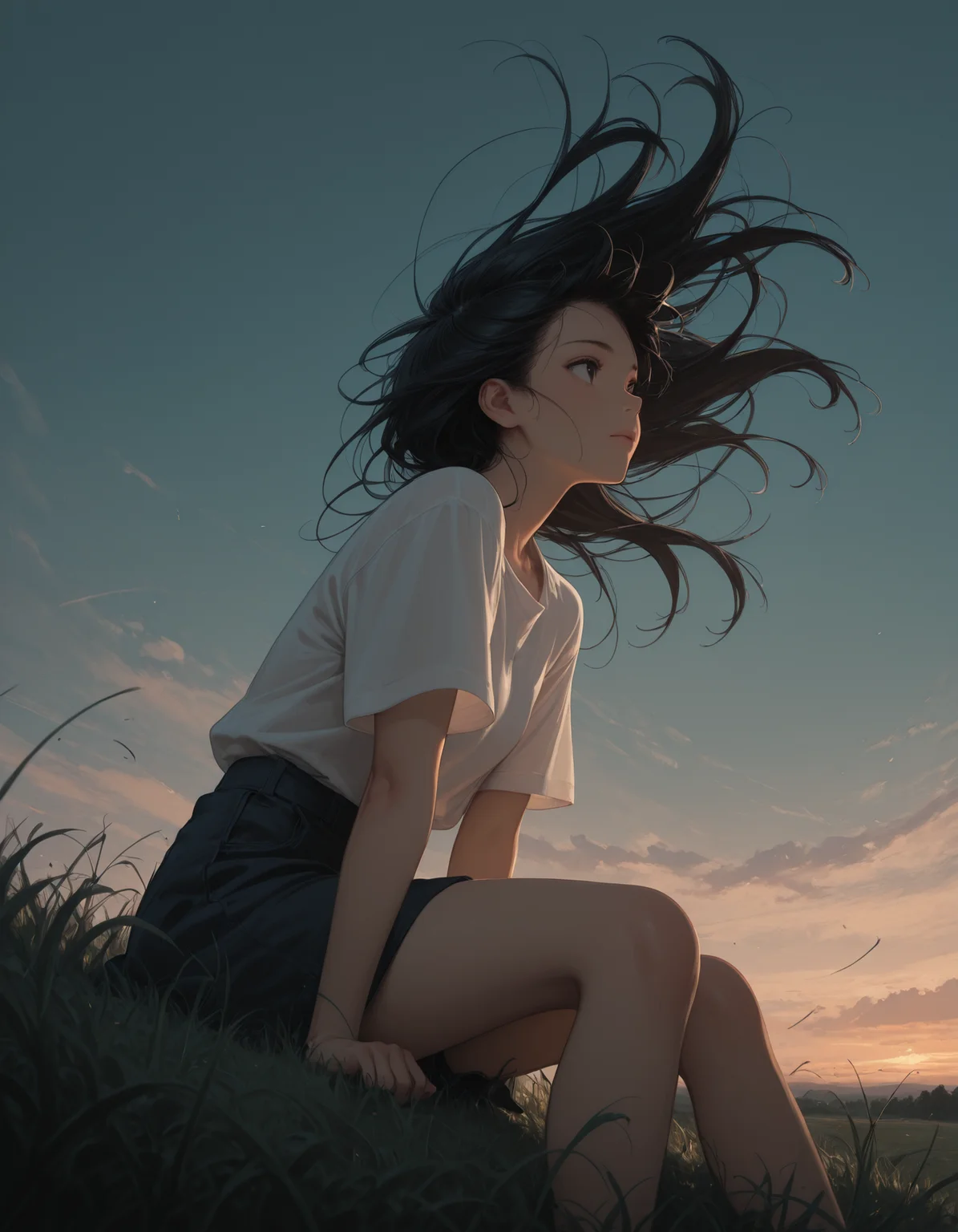 masterpiece, best quality, very aesthetic, detailed face, dynamic, partial illumination, thick linework, illustration, 1girl, sitting on landline, black hair, long hair, grass, sky, wind