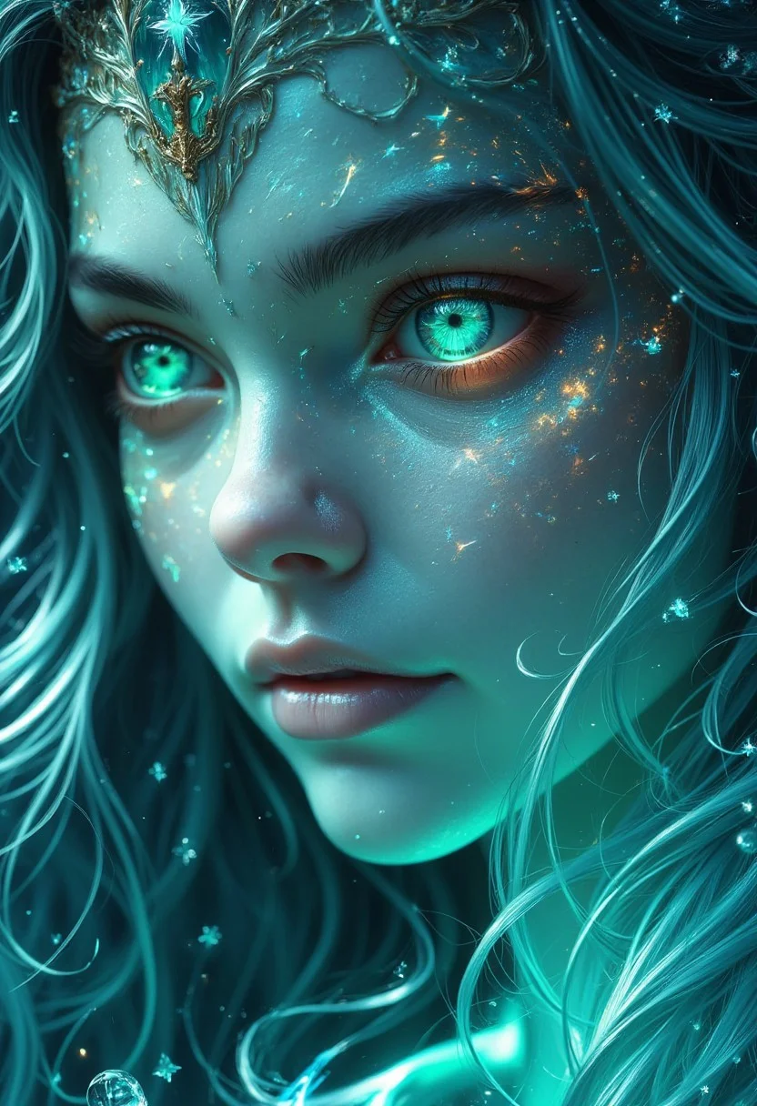 Create a  image of a fantasy maidens face. he put on head a crown,  Her skin glows with a white ,ethereal light and is adorned with tattoos that cover her face in intricate patterns. The tattoos emit a magical glow that illuminates her delicate features. Her eyes are large and bright,subtly changing between shades of green and white,as if holding an ocean within them. Her long,silver hair frames her face,adding a splash of magic to the scene. The background features a starry hell that enhances the dreamy atmosphere,fantasy art