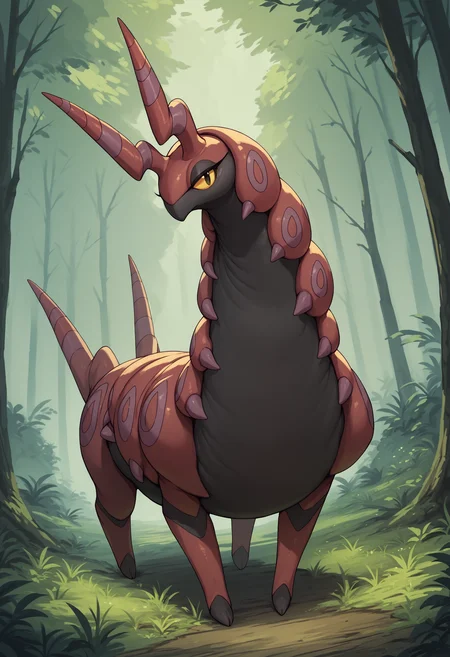 score_9, score_8_up, score_7_up, score_6_up, score_5_up, score_4_up, solo, no humans, <lora:Scolipede:0.85> 1girl, pokemon creature, colored skin, colored sclera, yellow sclera, yellow eyes, feral, full body,
forest background,