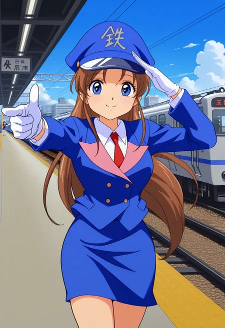 masterpiece, best quality, good quality, <lora:TetsuchanIL:1>, Tetsuchan, 1girl, brown hair, long hair, blue eyes, 
peaked cap, blue uniform, red necktie, white gloves, blue pencil skirt,
looking at viewer, cowboy shot, smile, salute, pointing at another, 
BREAK blue sky, light rays, train station, cityscape, outdoors, train, cloud,