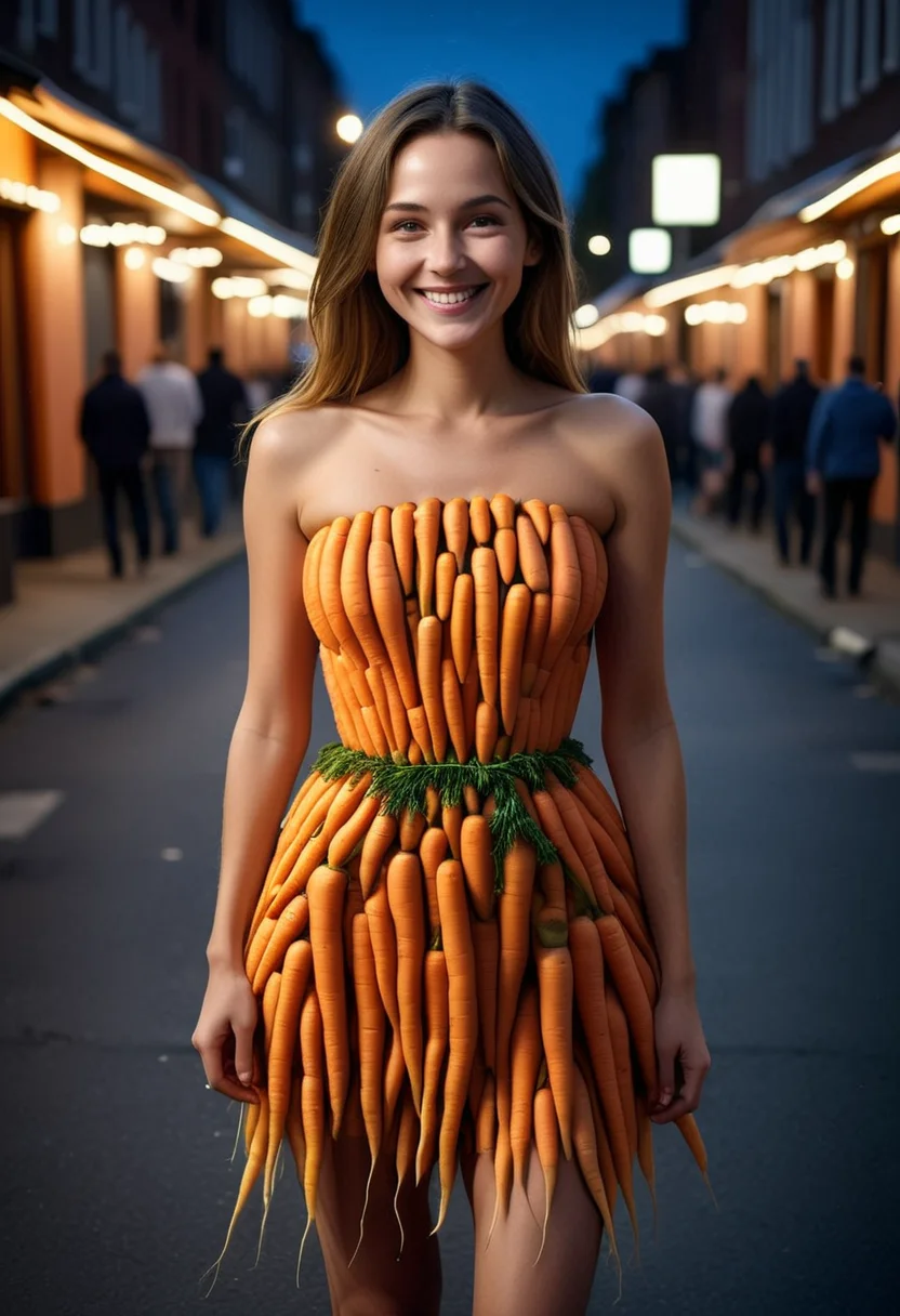 C4RR0T5, a woman wearing a dress made of carrots, woman smiling, set in the street at night, city, ,Masterpiece,best quality, raw photo, realistic, very aesthetic