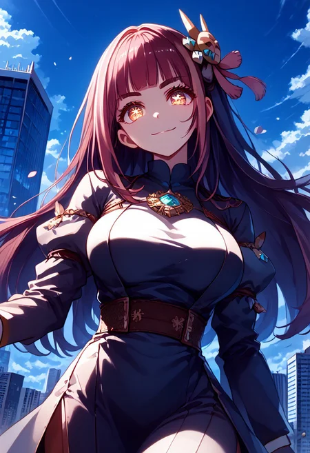 score_9, score_8_up, score_7_up,source_anime, jvdaniang, planet size, solo, 1girl, zzLacey, yellow eyes, pink hair, long hair, hair ornament, symbol-shaped pupils, eyelashes, large breasts, facial expression, amused, smug look, light smile, head tilt, soft eyes, dreamlike atmosphere, glowing edges, mystical, high contrast, ethereal light, light particles, gl0w, glow, gradient eyes, high gradient eyes, detailed eyes, high definition eyes, dress, plunging neckline, side slit, outdoors, in city, day, petals, cloudy sky, blurry foreground, skyscraper, (building size:1.4), giantess, masterpiece, best quality, absurdres, ultra detailed,