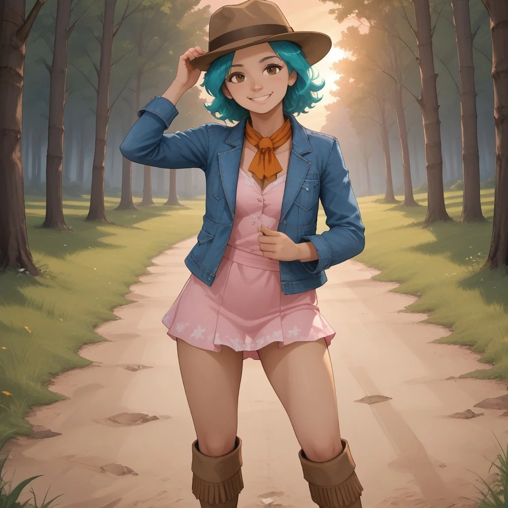 score_9, score_8, BREAK, solo, aqua blue hair, fedora hat, brown eyes, blue denim blazer, short dress, winter boots, ddr, Rena_(DDR_2010), cute, sexy pose, self portrait, smile, outdoors, sunlight, shadows, evening lighting, natural lighting, forest, trees, grass, orange sky, sunset