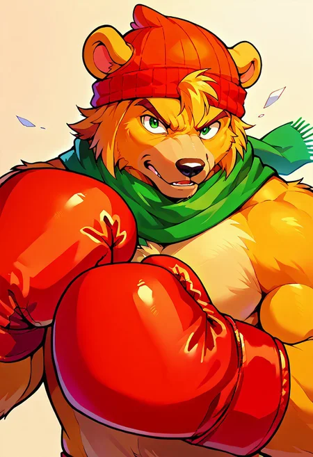 score_9, score_8, score_7, score_6, 1man, solo, furry, anthro, anthro bear, source_cartoon, Bark the bear, green scarf, orange beanie, furry male, simple background, gloves, upper body, fighting stance, portrait, looking at viewer, (boxing gloves),