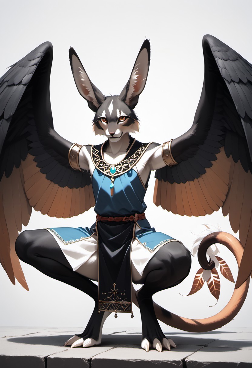1person, Palagiri, anthro, feline features, feline nose, large ears, ((wings)), ((armless)), perfect wings,
3/4 view, perfect face, ((prehensile toes, long toes)), ((feathers-tipped tail, fanned tail-tip)),
digitigrade legs, pelvic curtain tunic,
Source: anime, score: 9, score: 8up,