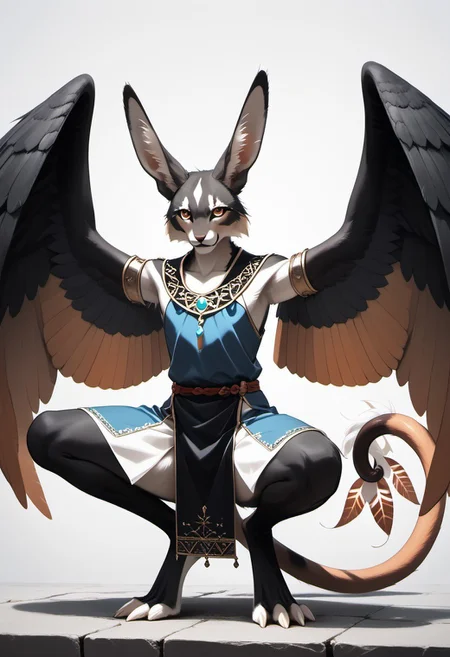 1person, Palagiri, anthro, feline features, feline nose, large ears, ((wings)), ((armless)), perfect wings,
3/4 view, perfect face, ((prehensile toes, long toes)), ((feathers-tipped tail, fanned tail-tip)),
digitigrade legs, pelvic curtain tunic,
Source: anime, score: 9, score: 8up,