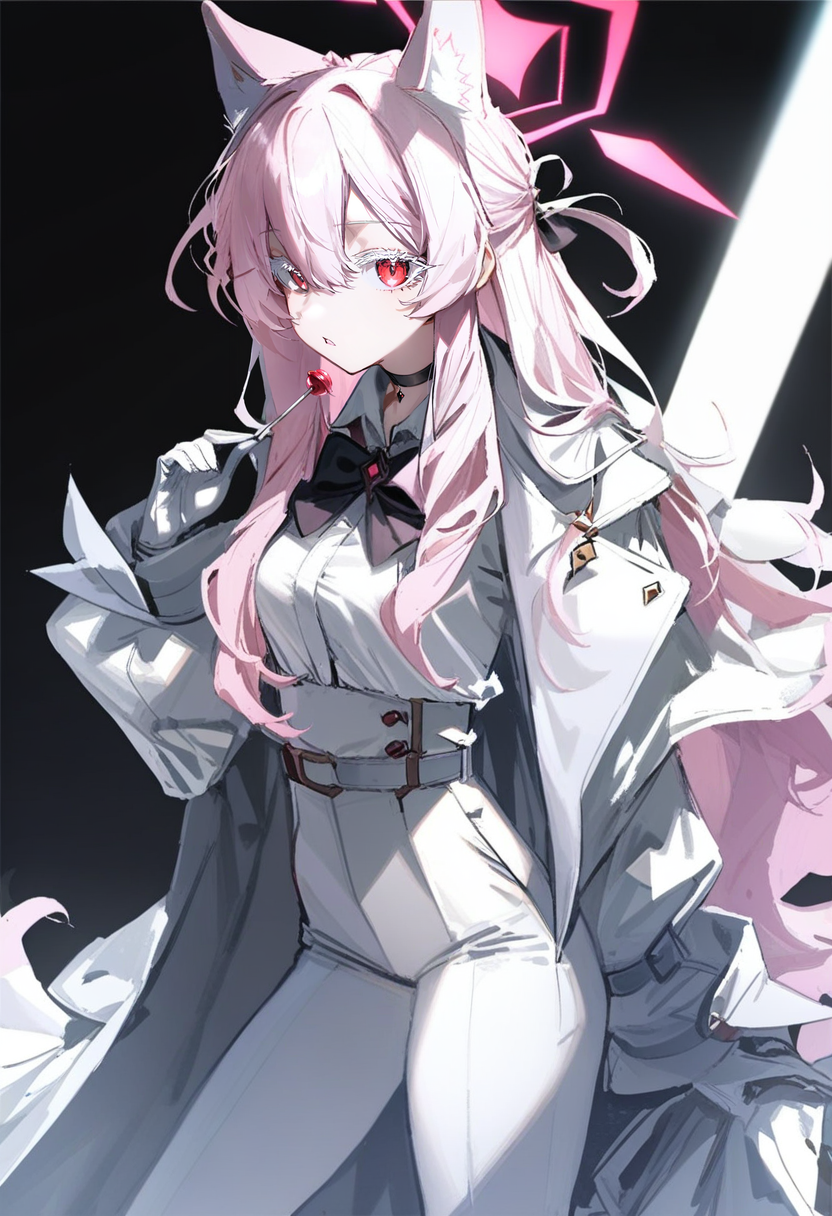 masterpiece, best quality,<lora:QUASARCAKE_XL_ANI31_lokr_V42310:0.95> 1girl, solo, animal ears, white pants, halo, long hair, pants, white gloves, red eyes, gloves, colored eyelashes, food, holding, animal ear fluff, lollipop, shirt, choker, white shirt, cat ears, black choker, candy, white belt, looking at viewer, belt, white hair, long sleeves, bow, black bow, holding food, bowtie, high-waist pants, holding candy, shirt tucked in, hair between eyes, holding lollipop, coat, black bowtie, white coat, jewelry, cape, pink hair, parted lips, hand up, coat on shoulders, white cape
