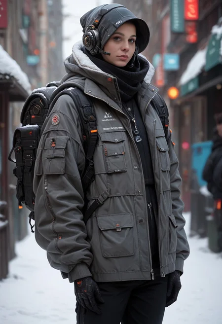 score_9, score_8_up, score_7_up, score_6_up, score_5_up, score_4_up, source_photo, source_real, cowboy shot, full body, snow, techwear, solo, gloves, long_sleeves, standing, jacket, pants, hood, bag, blurry, no_humans, blurry_background, backpack, helmet, robot, mecha, 1other, zipper, science_fiction, realistic, humanoid_robot, Vivid Colors, high Contrast,