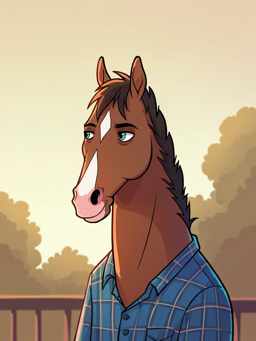 score_9, score_8_up, score_7_up, score_6_up, <lora:b0j4ckXLP:1> b0j4ck, solo, 1boy, horse