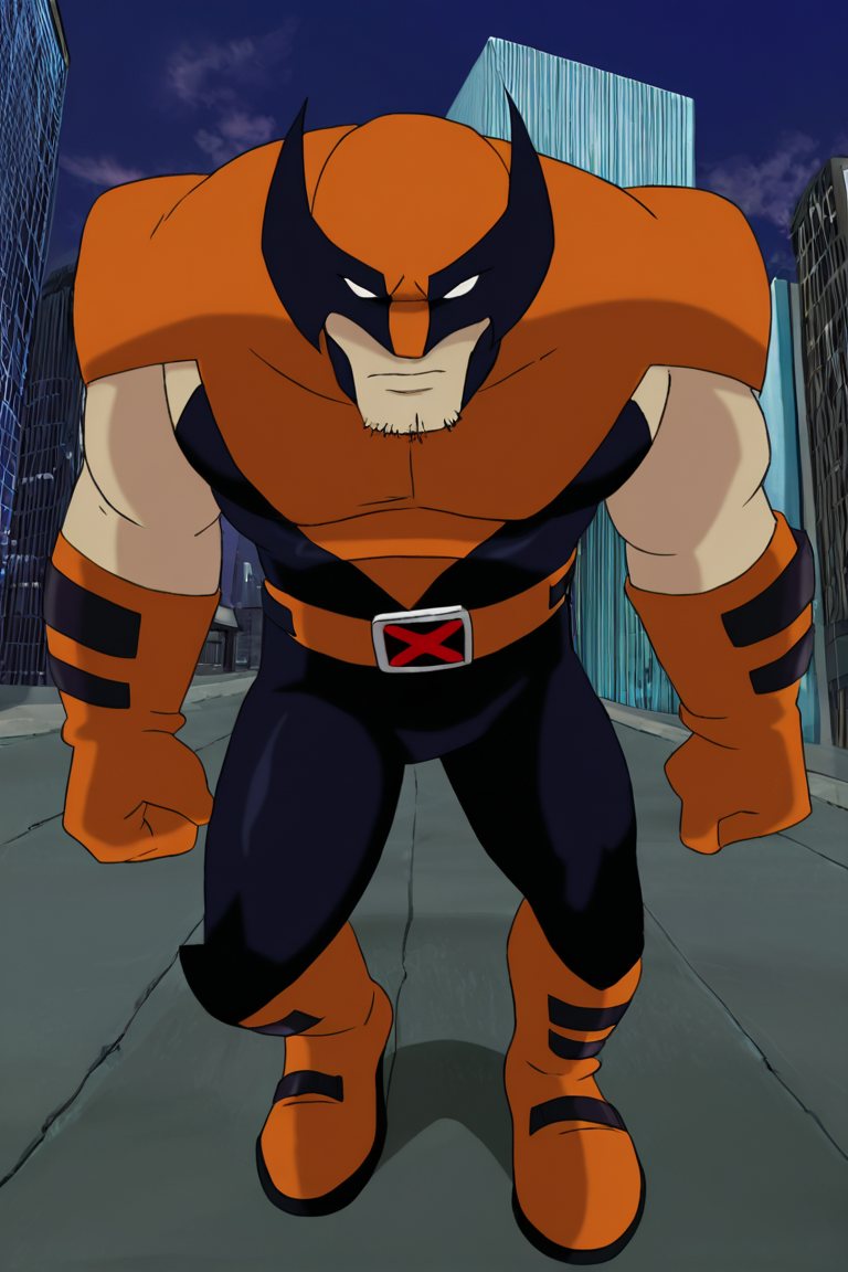 masterpiece, best quality, highres, newest, wolvevo, 1boy, solo, male focus, mature male, facial hair, stubble, bodysuit, orange bodysuit, black bodysuit, two-tone bodysuit, short sleeves, orange gloves, mask, covered eyes, white eyes, no pupils, belt, muscular, clenched hands, looking at viewer, standing, full body, outdoors, city, building <lora:Wolverine (Logan) X-Men Evolution (First Suit+Logan) v1.1 [LoRA] - NoobAI-XL EPS 1.0:0.8>
