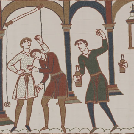 Style by Bayeux Tapestry, an embroidery of a drunken brawl in front of a London pub, one man vomiting in an alley, one man trying to club another over the head with a beer bottle