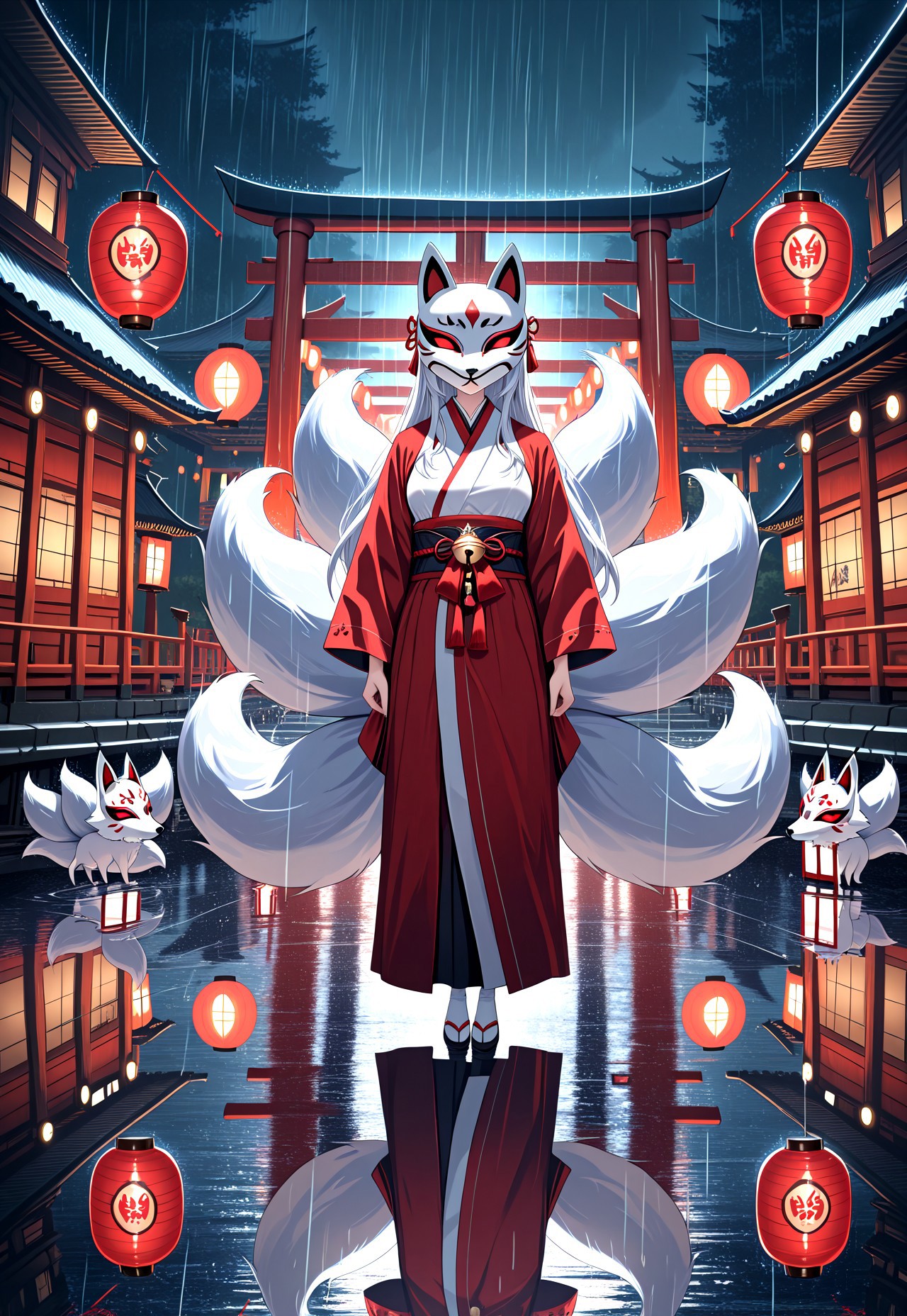 masterpiece, very aesthetic, newest, high score, best quality, absurdres, kitsune_yokai, 1girl, solo, long hair, looking at viewer, red eyes, animal ears, standing, tail, white hair, outdoors, japanese clothes, kimono, fox ears, bell, mask, night, fox tail, animal, fox, multiple tails, reflection, rain, lantern, torii, architecture, fox mask, east asian architecture, fox, paper lantern, kitsune
